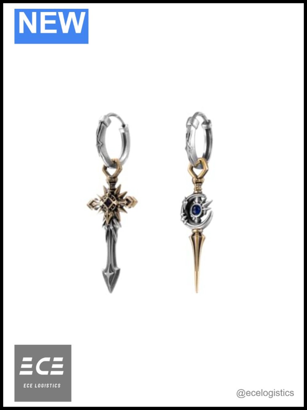 925 Sterling Silver Mismatched Sword Dangle Earrings Detachable Hoop